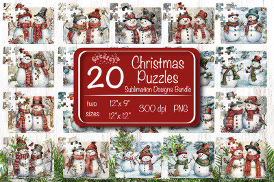 Christmas Puzzle PNG Bundle Kids Puzzles Sublimation Watercolor Snowma