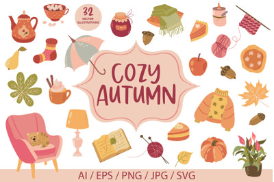 Cozy autumn set of vector illustrations. Fall autumn SVG