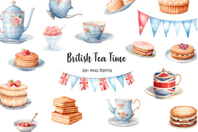 Watercolor British tea time clipart. Afternoon English tea. UK tea