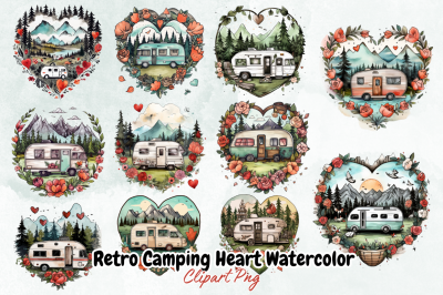 Retro Camping Heart Watercolor Art
