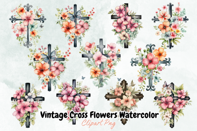 Vintage Cross Flowers Watercolor Clipart