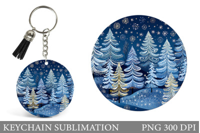 Christmas Tree Keychain Design. Winter Round Keychain