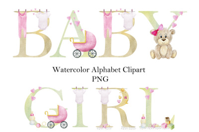 Watercolor baby girl alphabet.