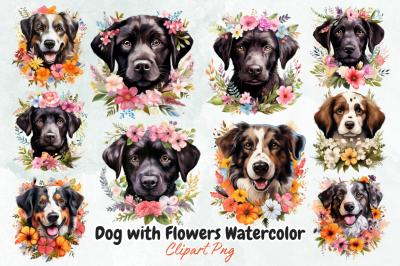 Dog with Flowers Watercolor Clipart