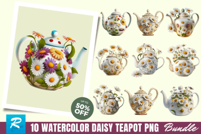 Watercolor Daisy Teapot Clipart Bundle