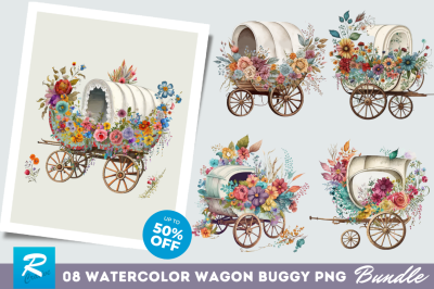 Watercolor Floral Boho Wagon Buggy Clipart Bundle