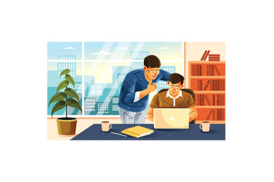 Two Young Men in Front of Computer Illustration