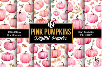 Watercolor Pink Pumpkins Seamless Patterns