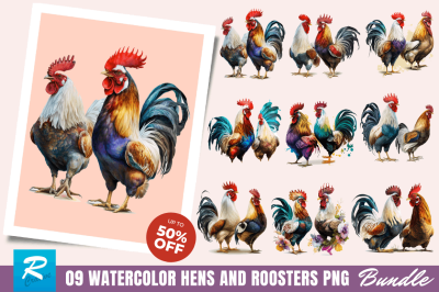 Watercolor Hens and Roosters Clipart Bundle