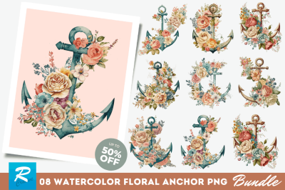 Watercolor Vintage Floral Anchor Clipart Bundle