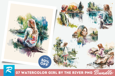 Watercolor Girl by the River Clipart Bundle