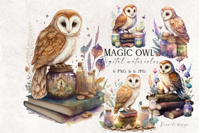 Magic owl and old books, Celestial owls clipart