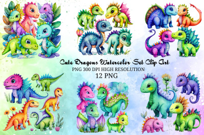 Cute Dragons Watercolor Set Clip Art PNG