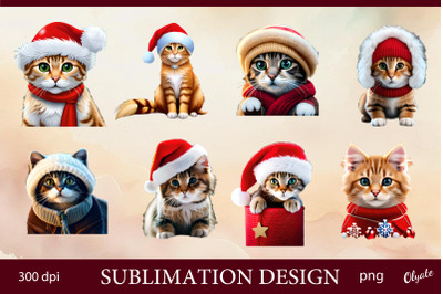Christmas Cat Sublimation PNG. Cat Clipart Bundle