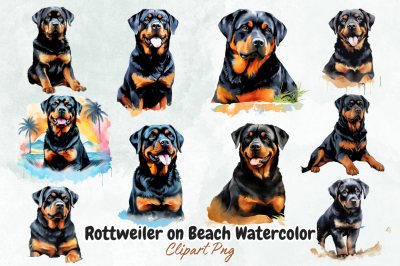 Rottweiler on Beach Watercolor Clipart