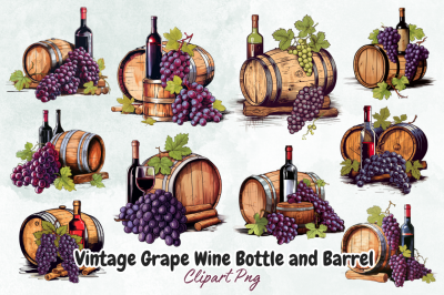 Vintage Grape Wine Bottle and Barrel