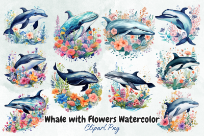 Whale with Flowers Watercolor Clipart