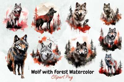 Wolf with Forest Watercolor Sublimation