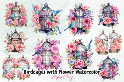 Birdcages with Flower Watercolor Clipart