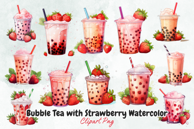 Bubble Tea with Strawberry Watercolor