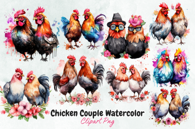 Chicken Couple Watercolor Clipart