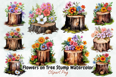 Flowers on Tree Stump Watercolor Clipart