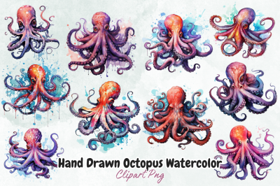 Hand Drawn Octopus Watercolor Clipart