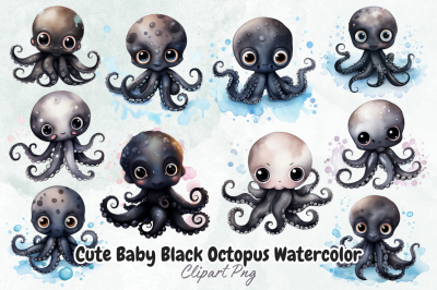 Cute Baby Black Octopus Watercolor