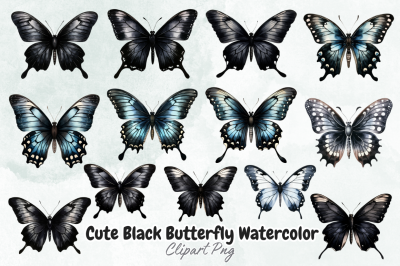 Cute Black Butterfly Watercolor Clipart