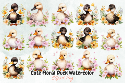 Cute Floral Duck Watercolor Clipart