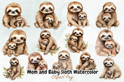 Mom and Baby Sloth Watercolor Clipart