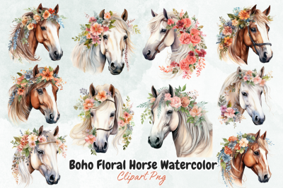 Boho Floral Horse Watercolor Clipart