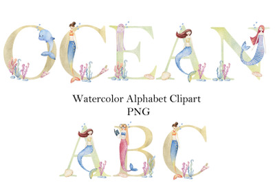 Watercolor alphabet with mermaids.