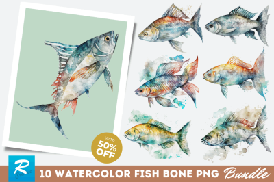 Watercolor Fish Bone Clipart Bundle