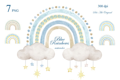 Rainbow Baby boy shower Blue clouds Clipart newborn PNG Watercolor