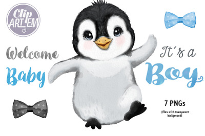 Boy Penguin Baby ShowerCute Blue Black Bow Ties Watercolor 7PNG images