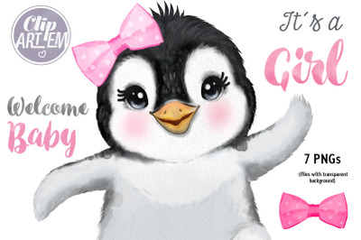 Cute Waving Baby Girl Penguin Pink Bow 7 PNG Images Baby Shower Set