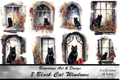 Black Cat Floral Window Ilustrations