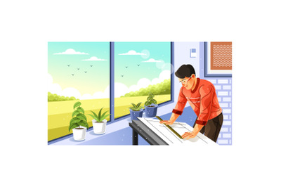 Young Male Interior Design Drawing in Home Illustration