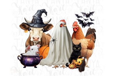 Halloween Farm Animals Png, Spooky Season Farm Designs