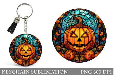 Stained Glass Pumpkin Keychain. Halloween Round Keychain