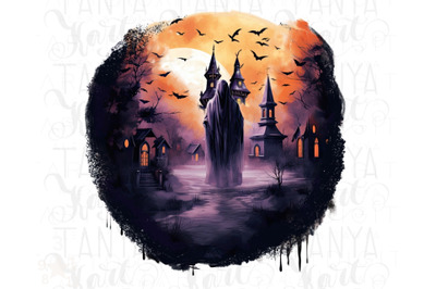 Spooky Castle PNG, Silhouette Ghost Art, Haunted Landscape