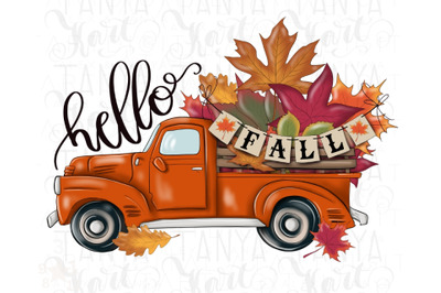 Hello Fall Orange Truck Png Digital Download for Sublimation
