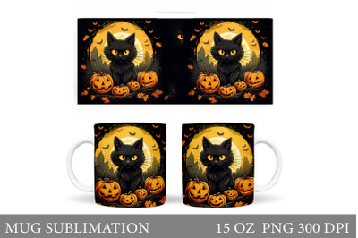 Black Cat Halloween Mug Wrap. Pumpkin Halloween Mug Design