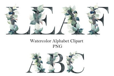 Watercolor floral alphabet with leaves.