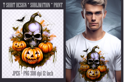 Creepy skull with pumpkins Sublimation PNG/jpeg