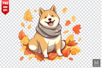 Cute Akita Dog With Fall Leaves Clipart