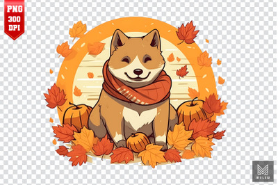 Cute Akita Dog With Fall Leaves Clipart