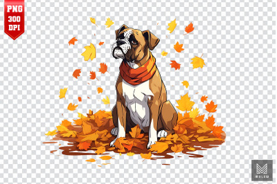 Cute Boxer Dog With Fall Leaves Clipart