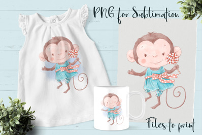 Cute monkey with lollipop. Design for printing.